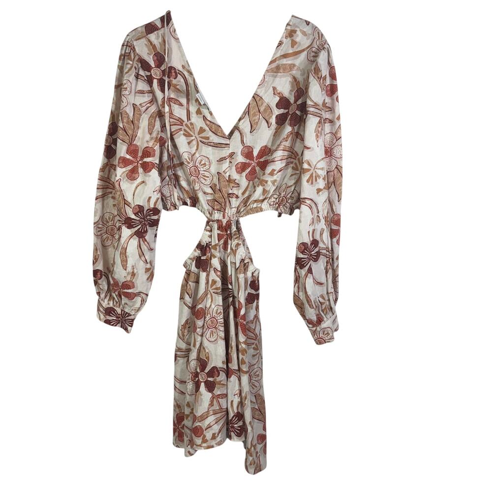 Sam Edelman Womens L Floral Linen Blend Cutout Mini Dress Long Sleeve Boho